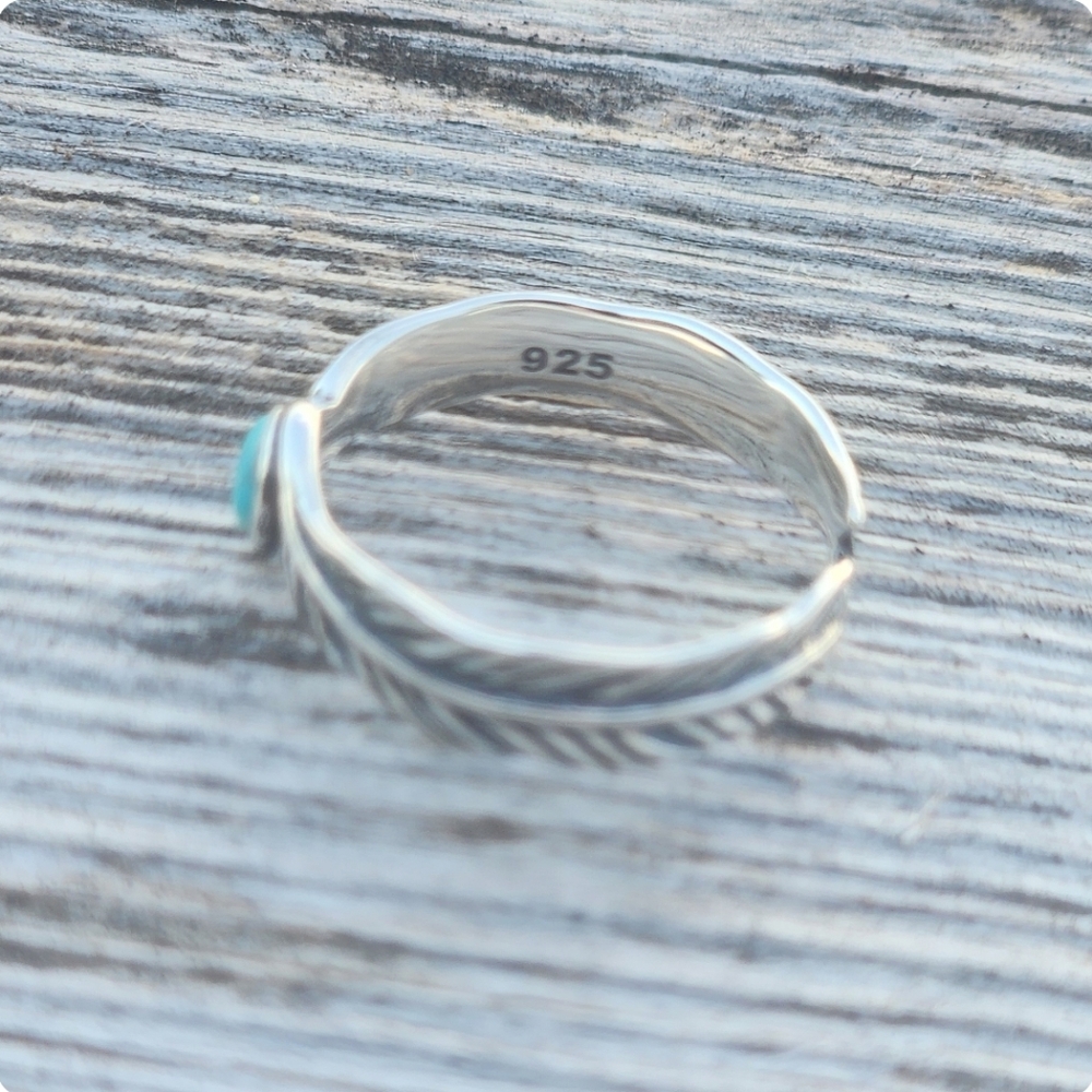 925 Sterling Silver Genuine Turquoise Feather Design Ring Size 6 Boutique BNWT - Picture 2 of 2
